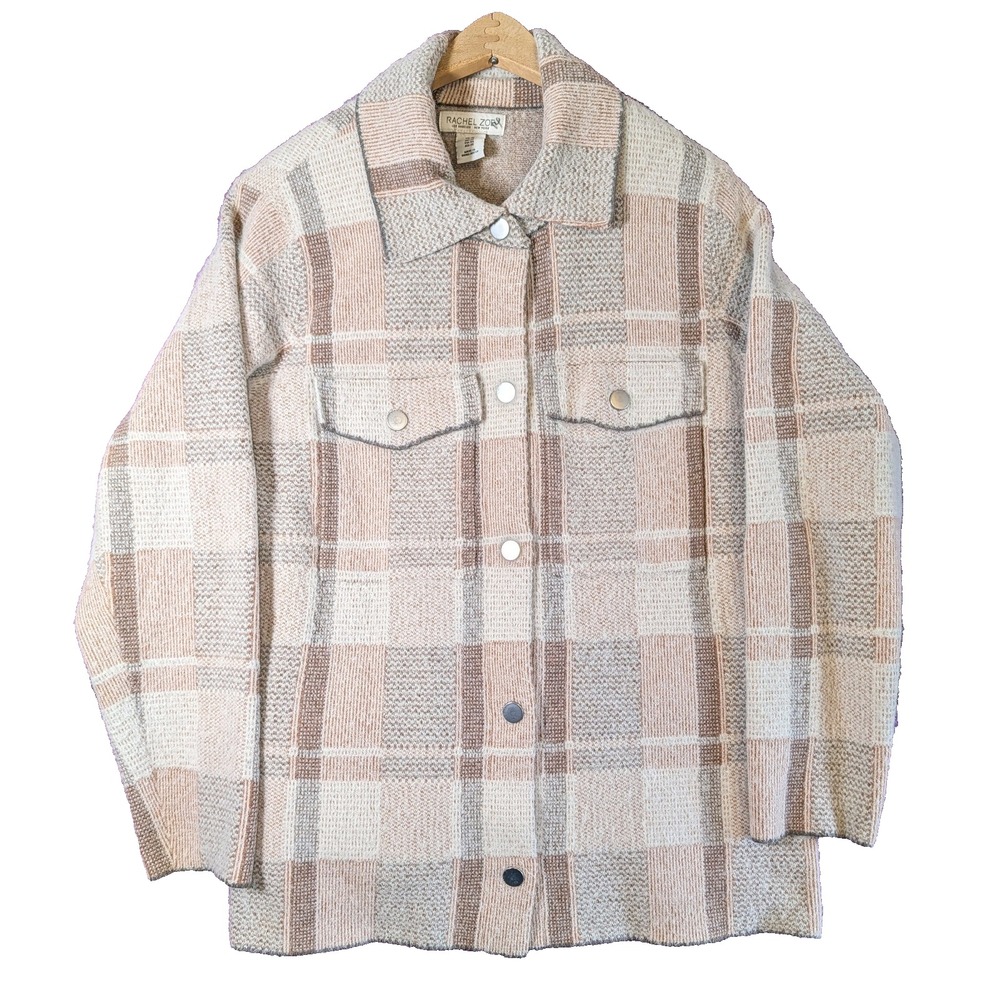 Rachel Zoe Plaid Knit Jacket Beige Brown Coat Size 1x Oversized Tan Cream Soft